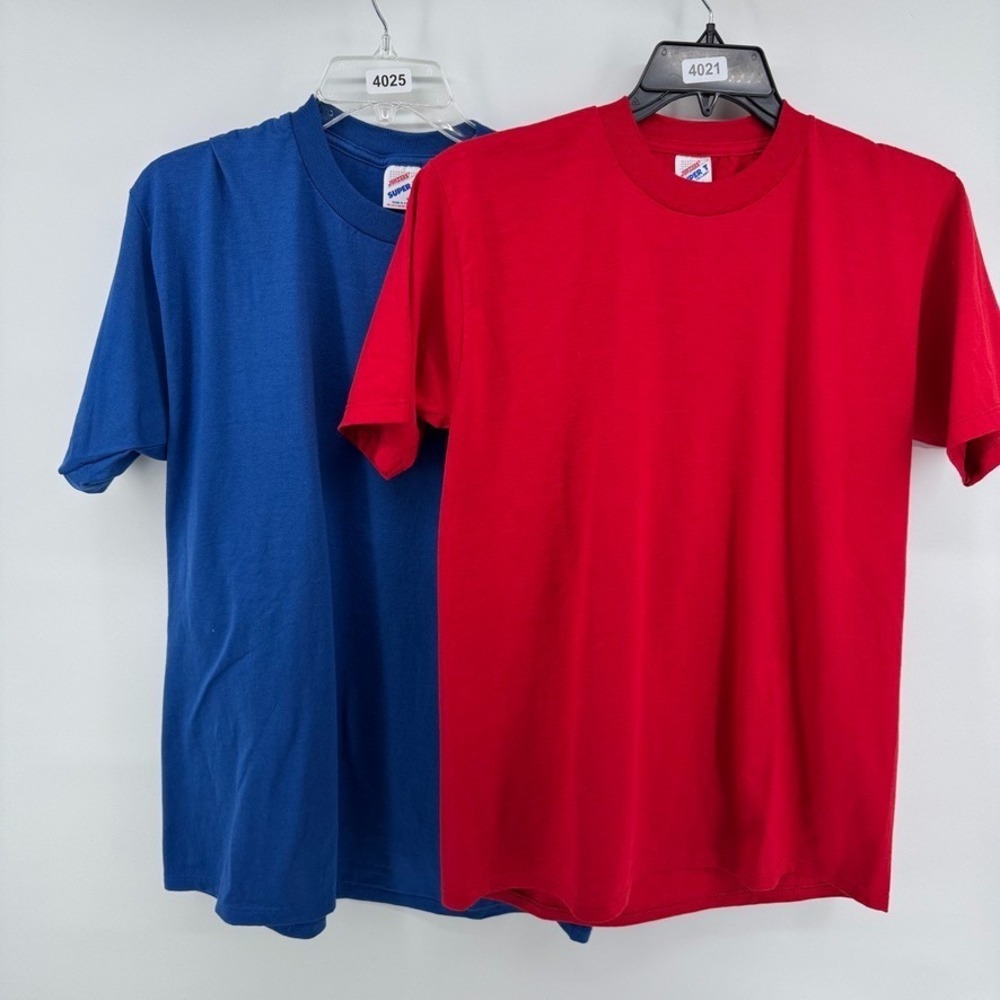 VINTAGE 90S JERZEES SUPER T BLANK T SHIRT SIZE L USA Lot of TWO (2) Red and Blue
